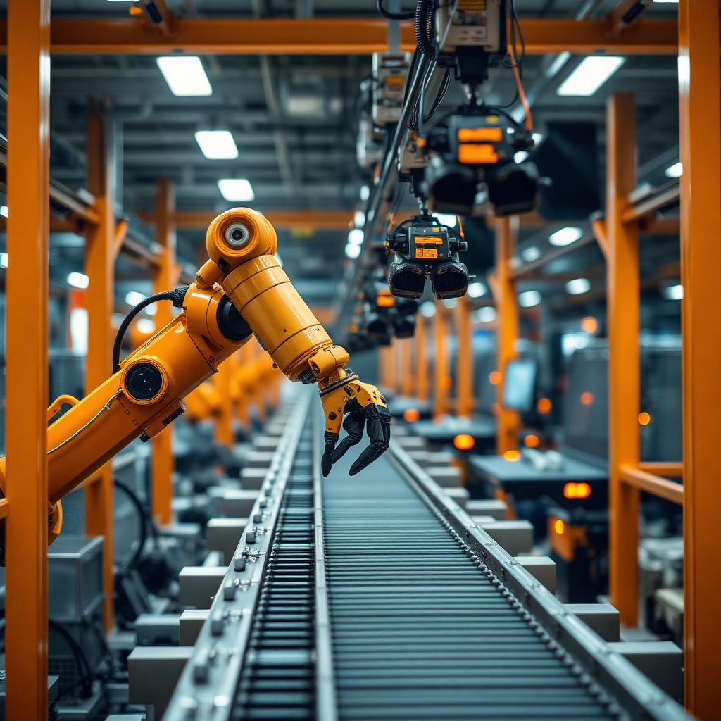 Overhead smart cameras above a robotic conveyor line in a modern factory