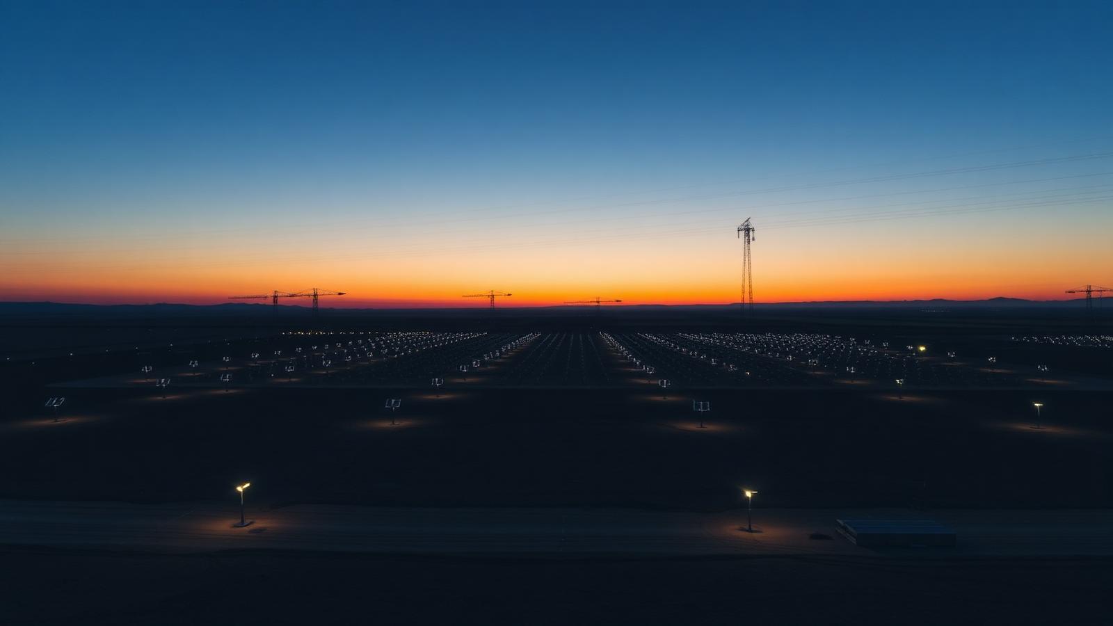 Aerial view of an off-grid site with distributed IBEX sensors at dusk
