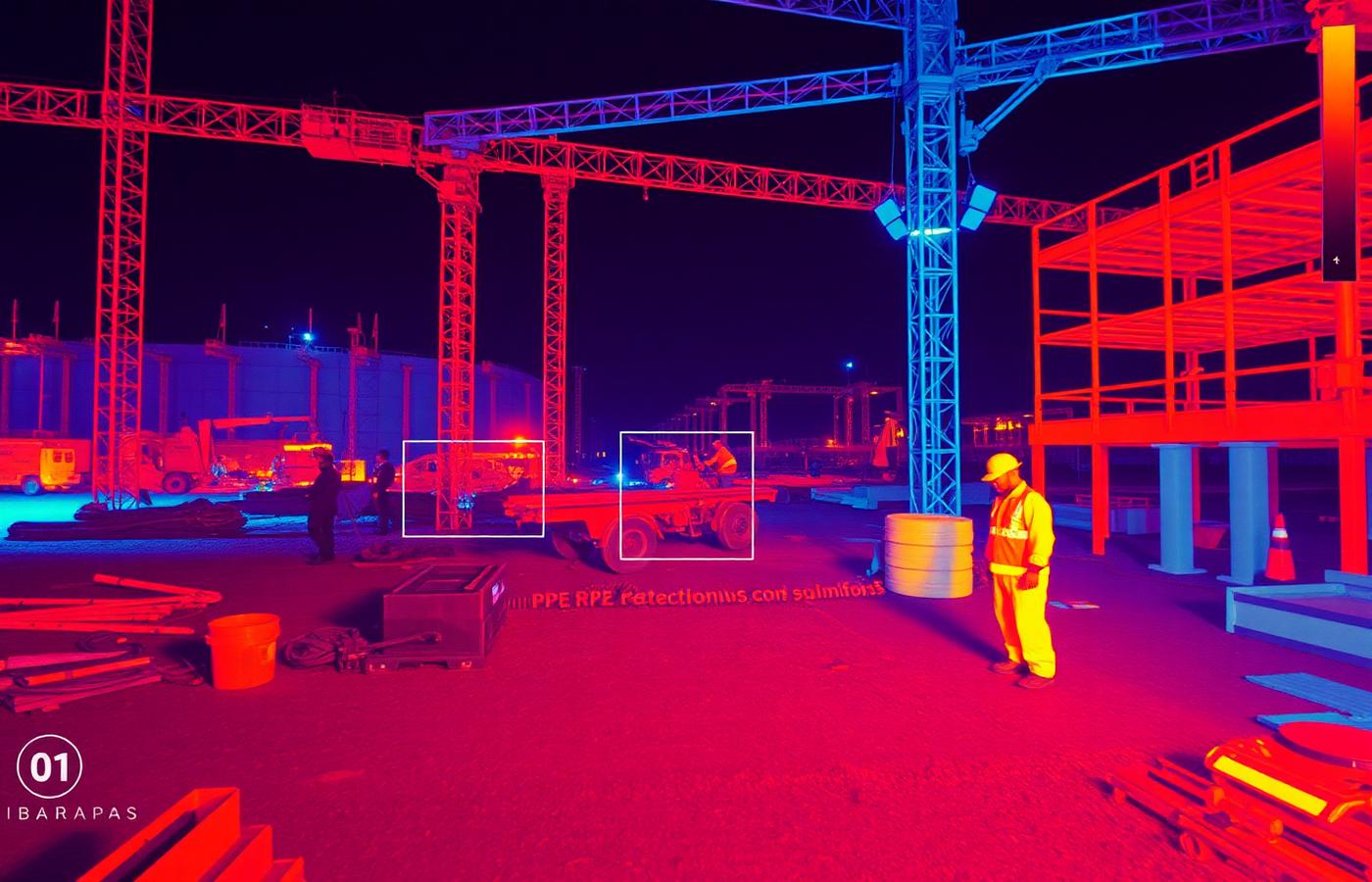 Thermal infrared view of a construction site with PPE detection